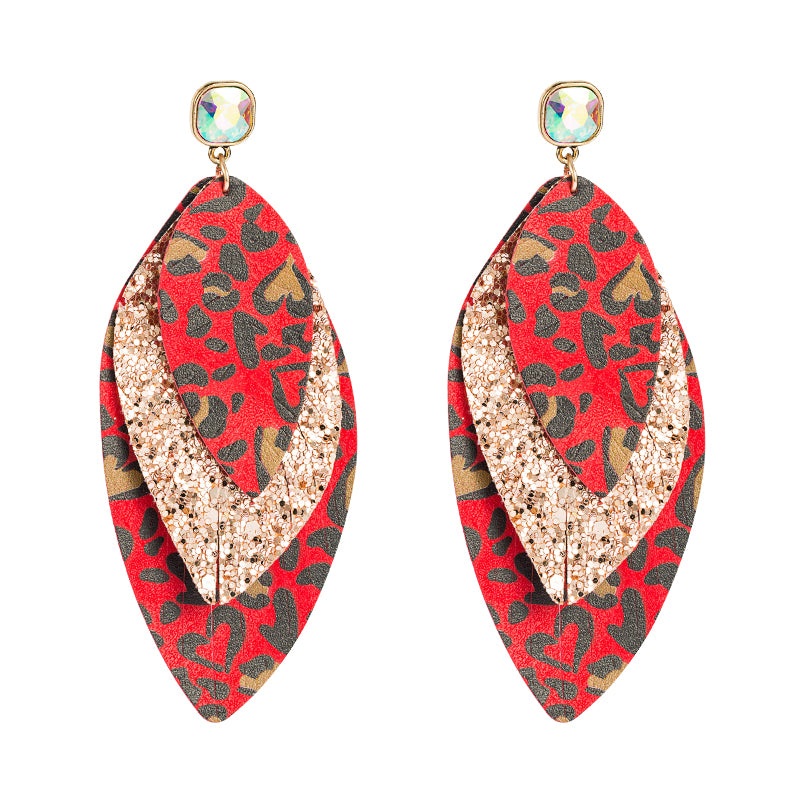 1 Pair Elegant Simple Style Leaves Leopard Plating Inlay Pu Leather Rhinestones Gold Plated Drop Earrings