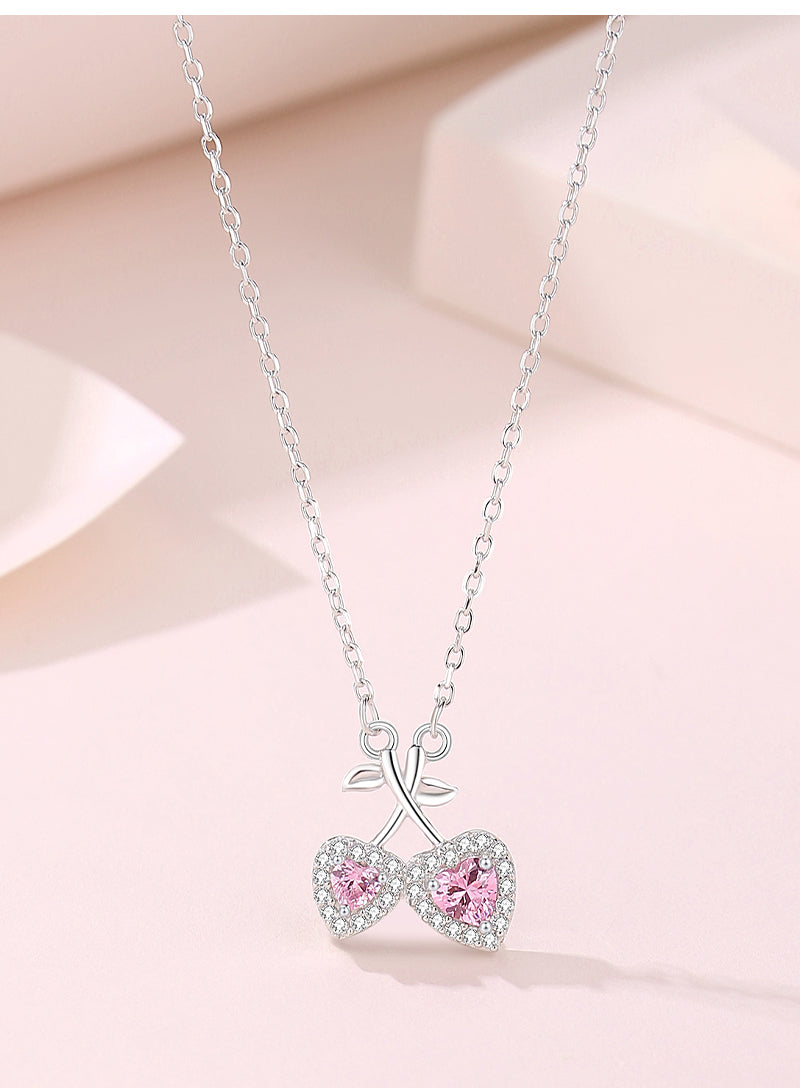 Ig Style Sweet Cherry Heart Shape Sterling Silver Polishing Plating Inlay Zircon Pendant Necklace