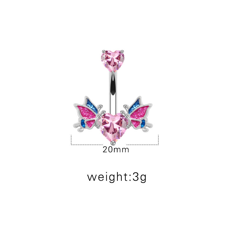 1 Piece Belly Rings Sexy Heart Shape Wings Butterfly Stainless Steel Inlay Rhinestones Belly Ring