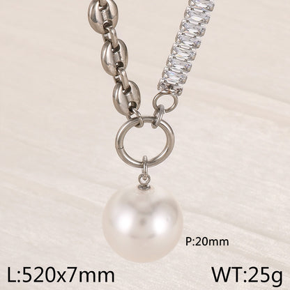 Ig Style Simple Style Round Imitation Pearl Titanium Steel Plating Inlay Zircon Gold Plated Pendant Necklace