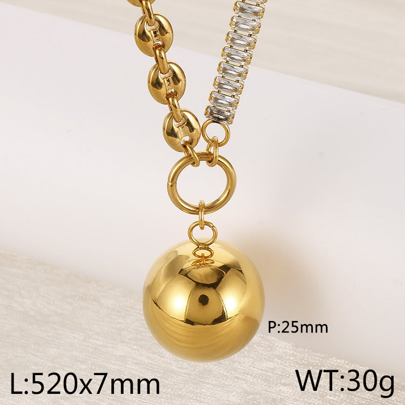 Ig Style Simple Style Round Imitation Pearl Titanium Steel Plating Inlay Zircon Gold Plated Pendant Necklace