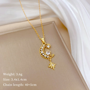 Simple Style Classic Style Star Moon Titanium Steel Copper Hollow Out Inlay Artificial Gemstones Pendant Necklace