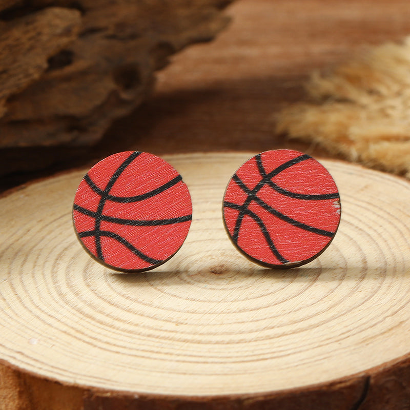 1 Pair Vacation Simple Style Ball Basketball Football Painted Wood Silver Plated Ear Studs