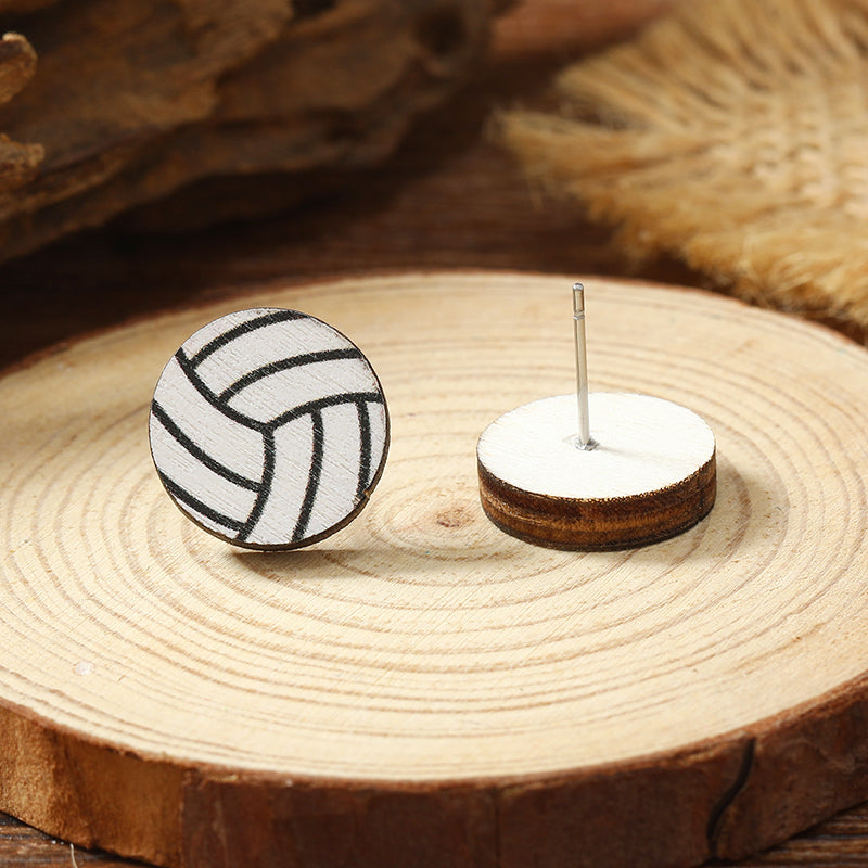 1 Pair Vacation Simple Style Ball Basketball Football Painted Wood Silver Plated Ear Studs