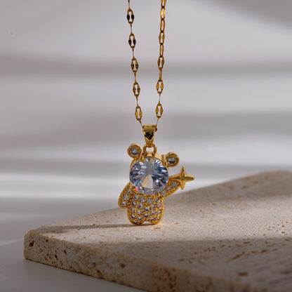 Ig Style Cute Cartoon Bear Copper Plating Inlay Zircon 18k Gold Plated Pendant Necklace