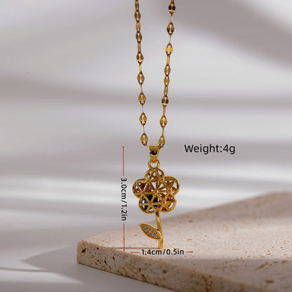 Romantic Sweet Flower Copper Plating Hollow Out Inlay Zircon 18k Gold Plated Pendant Necklace