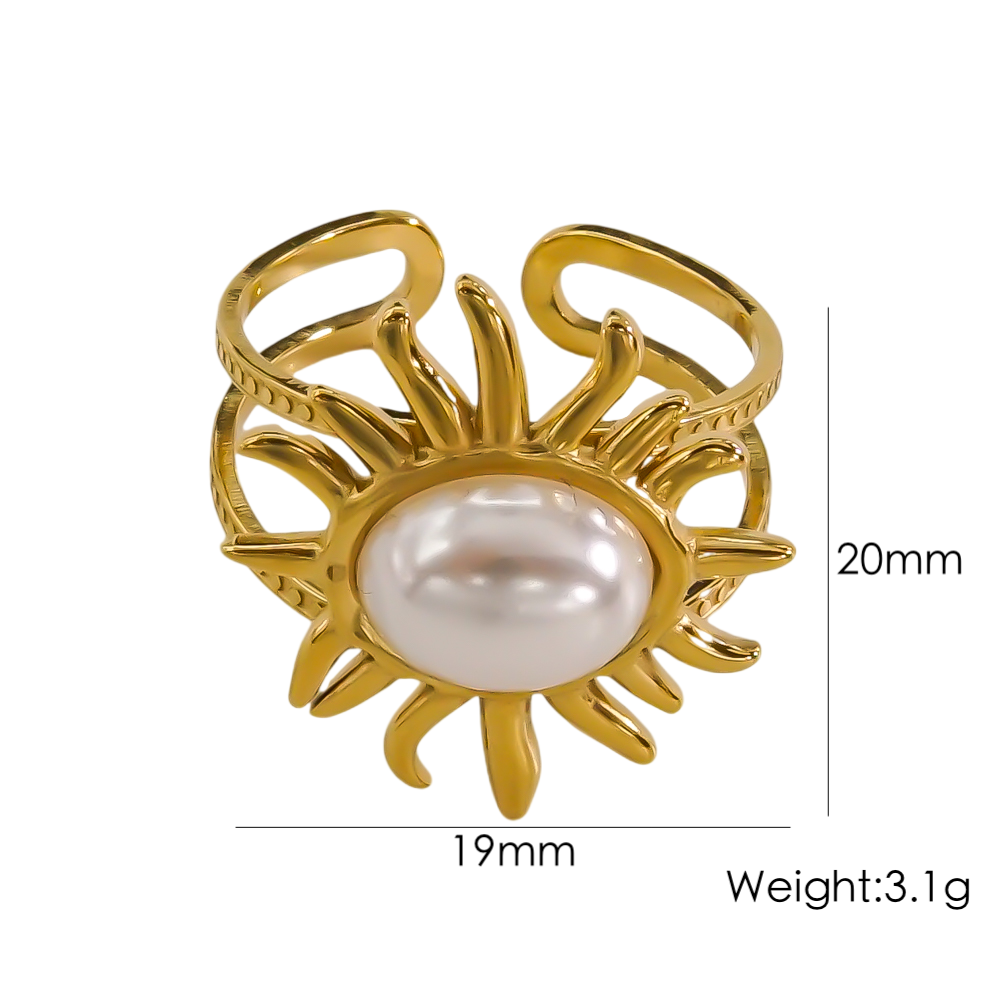 Classic Style C Shape Stainless Steel Plating Inlay Natural Stone Pearl 14k Gold Plated Open Rings