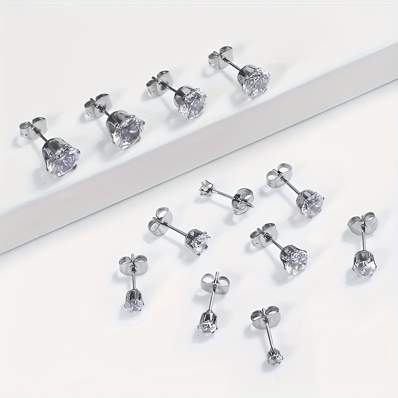 6 Pairs Simple Style Shiny Round Inlay Stainless Steel Diamond Ear Studs