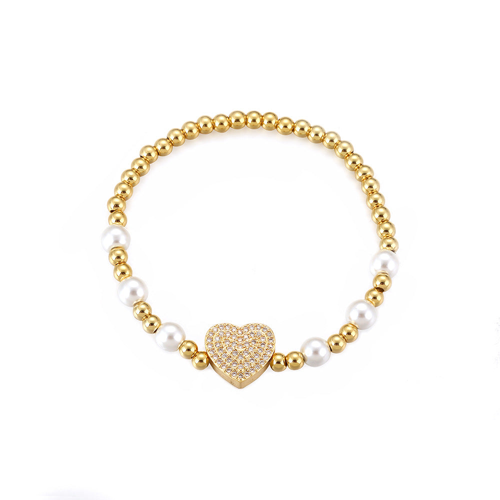 Ig Style Sweet Heart Shape Copper Pearl Plating Inlay Zircon 18k Gold Plated Bracelets