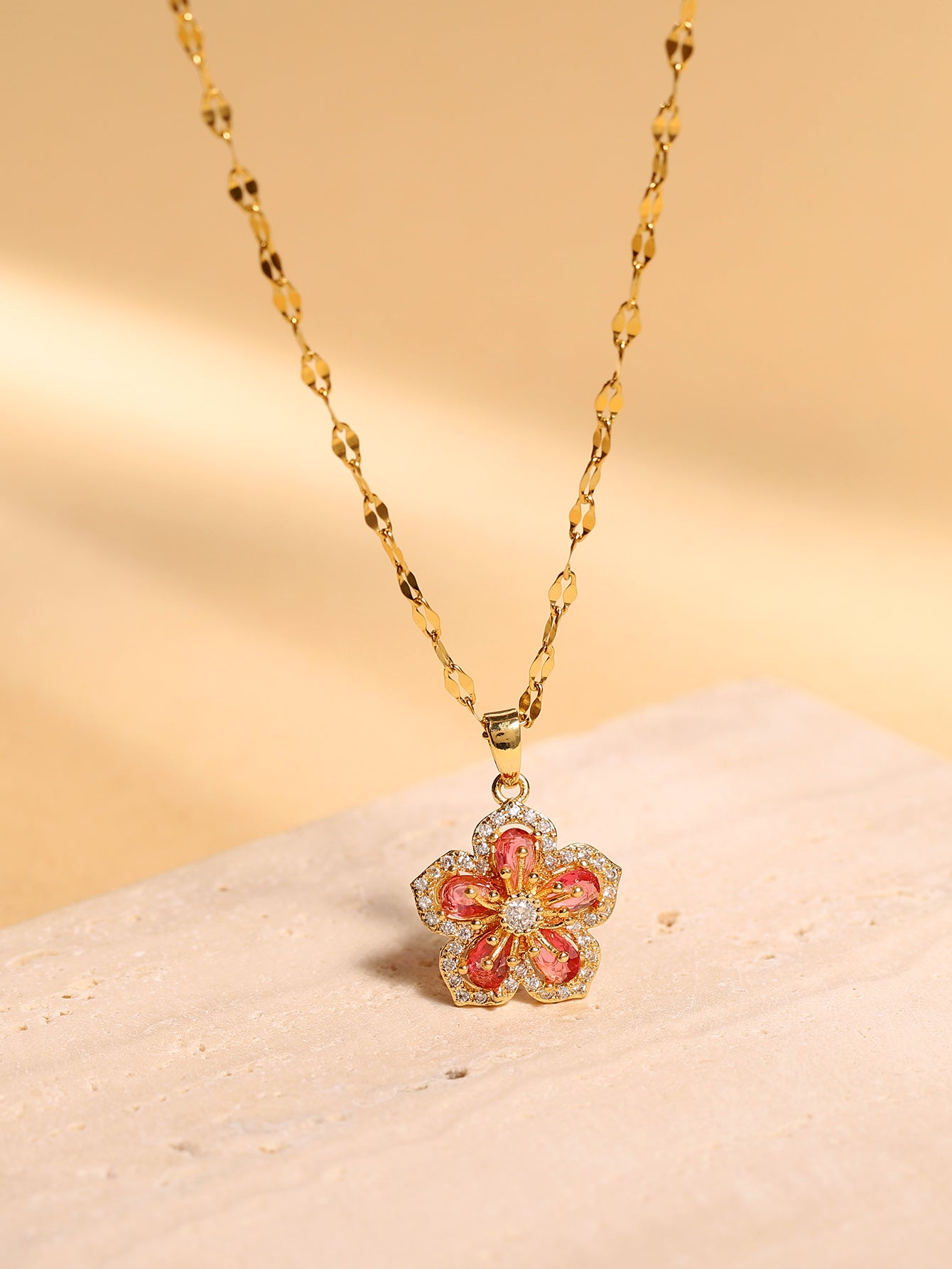 Elegant Glam Luxurious Flower Stainless Steel Plating Inlay Zircon 18k Gold Plated Pendant Necklace