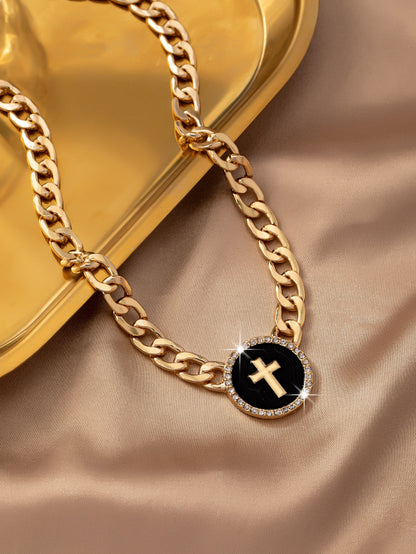 Ig Style Simple Style Cross Alloy Enamel Plating Inlay Rhinestones Gold Plated Women's Necklace