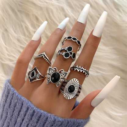 Fashion Vintage Carved Sun Feather Cross Black Gem Ring 11 Piece Set Set