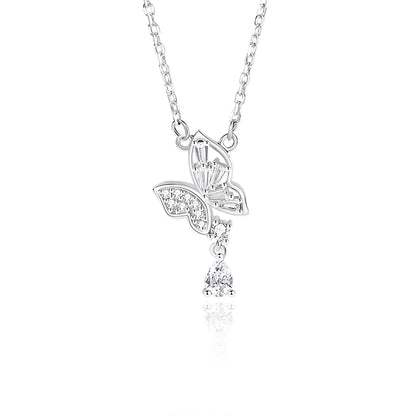 Casual Modern Style Commute Water Droplets Butterfly Sterling Silver Polishing Plating Inlay Zircon Pendant Necklace