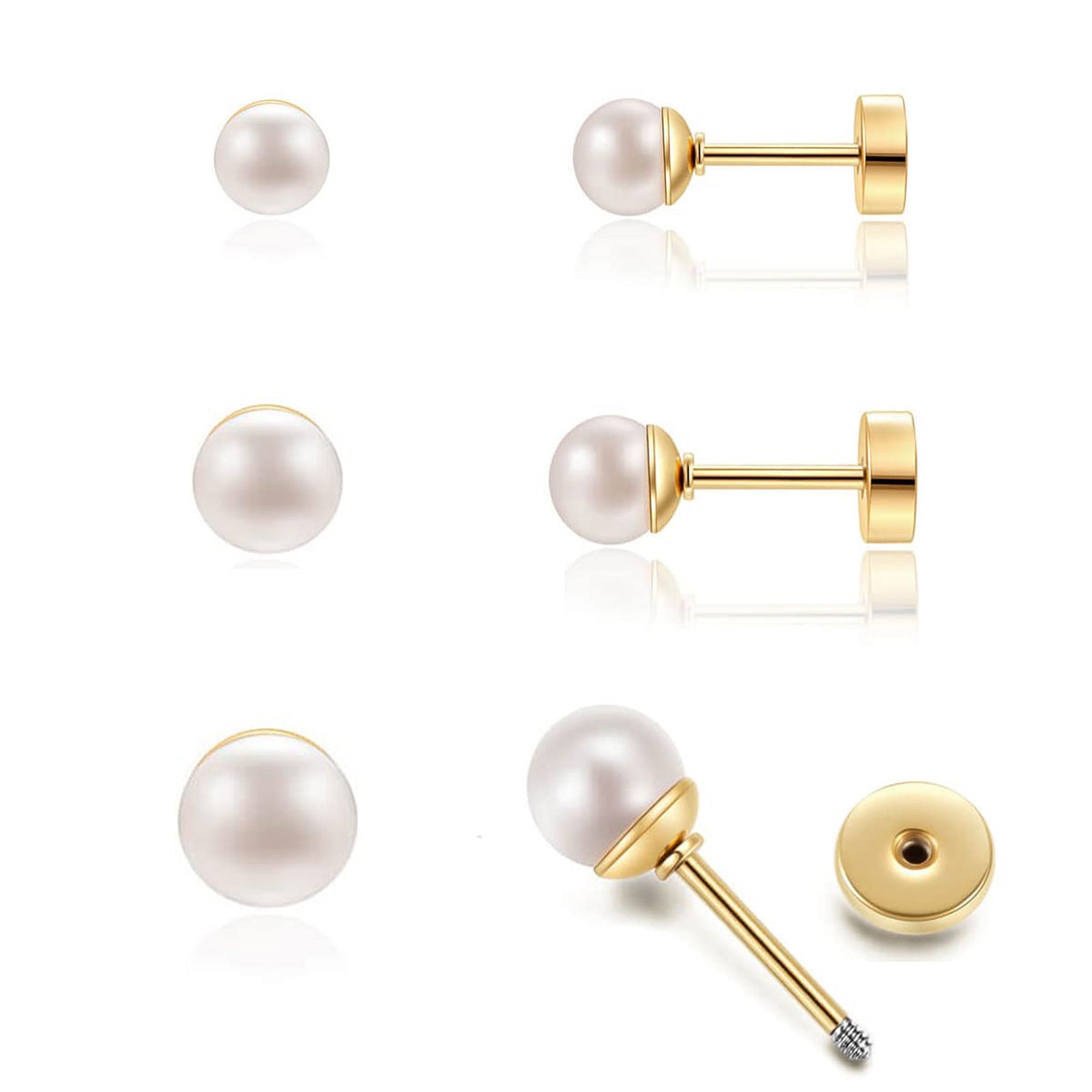 3 Pairs Simple Style Round Plating Inlay Stainless Steel Artificial Pearls 14k Gold Plated Ear Studs