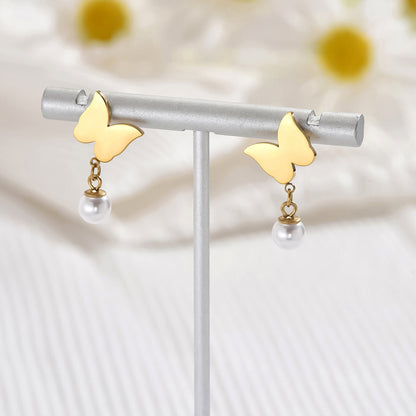 1 Pair Simple Style Classic Style Round Butterfly Plating Inlay Stainless Steel Artificial Pearls 14k Gold Plated Drop Earrings