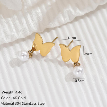 1 Pair Simple Style Classic Style Round Butterfly Plating Inlay Stainless Steel Artificial Pearls 14k Gold Plated Drop Earrings