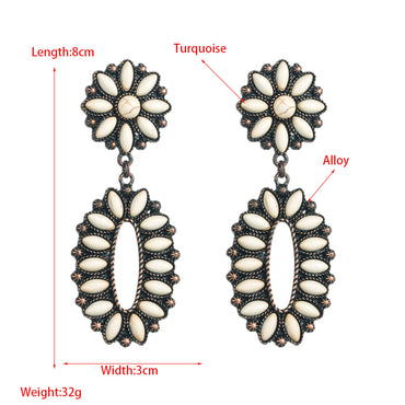 1 Pair Retro Oval Flower Plating Inlay Alloy Turquoise Drop Earrings