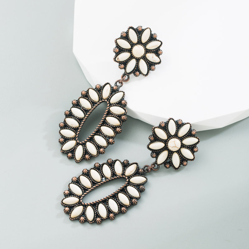 1 Pair Retro Oval Flower Plating Inlay Alloy Turquoise Drop Earrings