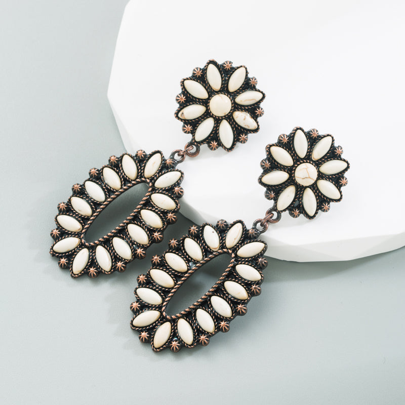 1 Pair Retro Oval Flower Plating Inlay Alloy Turquoise Drop Earrings