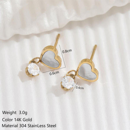 1 Pair Elegant Simple Style Classic Style Heart Shape Plating Inlay Stainless Steel Shell Zircon 14k Gold Plated Drop Earrings