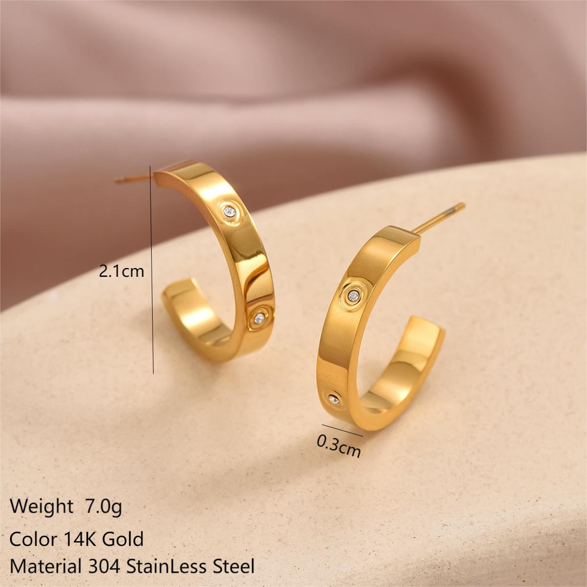 1 Pair Simple Style C Shape Plating Inlay Stainless Steel Zircon 14k Gold Plated Ear Studs