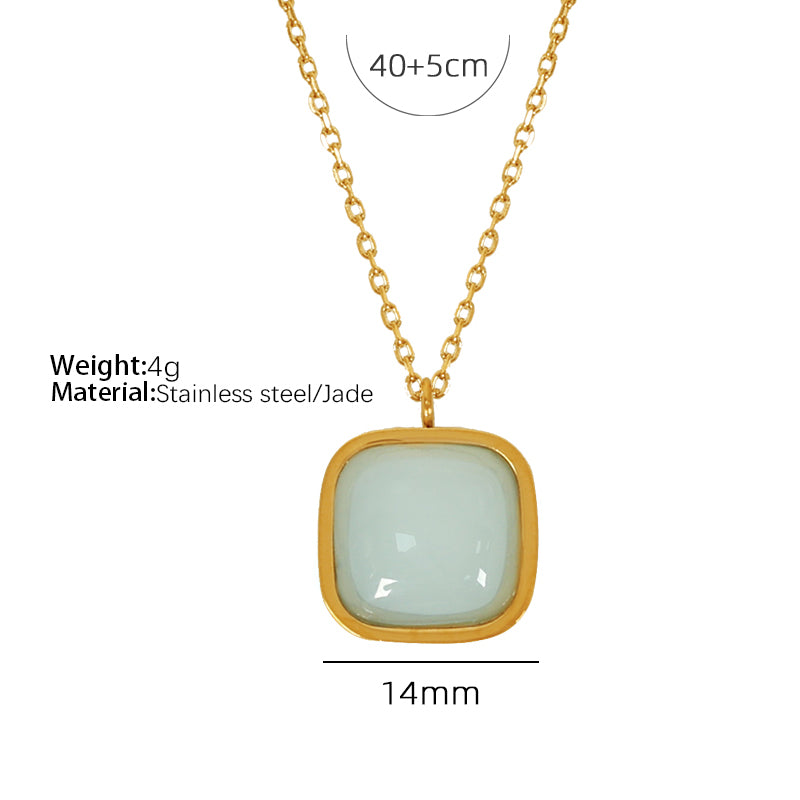 Elegant Formal Simple Style Square Titanium Steel Plating Inlay Jade 18k Gold Plated Earrings Necklace