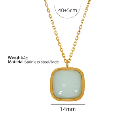 Elegant Formal Simple Style Square Titanium Steel Plating Inlay Jade 18k Gold Plated Earrings Necklace