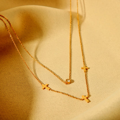 Simple Style Cross Stainless Steel Zircon 18k Gold Plated Double Layer Necklaces