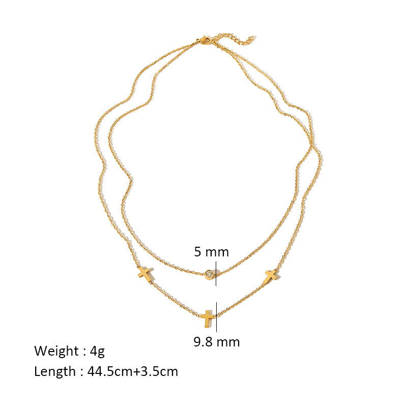 Simple Style Cross Stainless Steel Zircon 18k Gold Plated Double Layer Necklaces