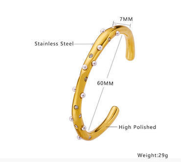 Vintage Style Round Titanium Steel Plating Inlay Artificial Pearls Zircon Gold Plated Bangle