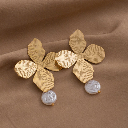 1 Pair Elegant Classical Flower Plating Inlay Stainless Steel Shell Gold Plated Drop Earrings