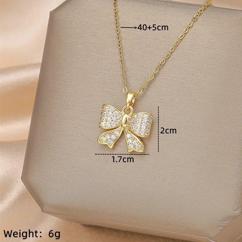 Ig Style Simple Style Electrocardiogram Wings Bow Knot Stainless Steel Copper Plating Inlay Opal Zircon Gold Plated Silver Plated Pendant Necklace