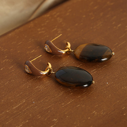 1 Pair Elegant Vintage Style Geometric Enamel Plating Inlay Tiger Eye Copper Zircon 18k Gold Plated Drop Earrings