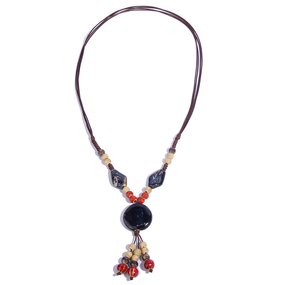 Retro Ethnic Style Geometric Ceramics Beaded Tassel Braid Women's Long Necklace