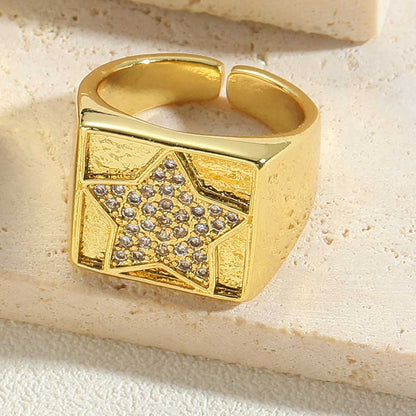 Vintage Style Simple Style Commute Pentagram Leaves Heart Shape Copper Inlay Zircon 14k Gold Plated Open Rings