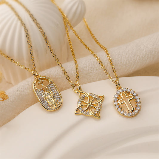 Ig Style Simple Style Human Printing Cross Copper Plating Inlay Zircon Gold Plated Pendant Necklace
