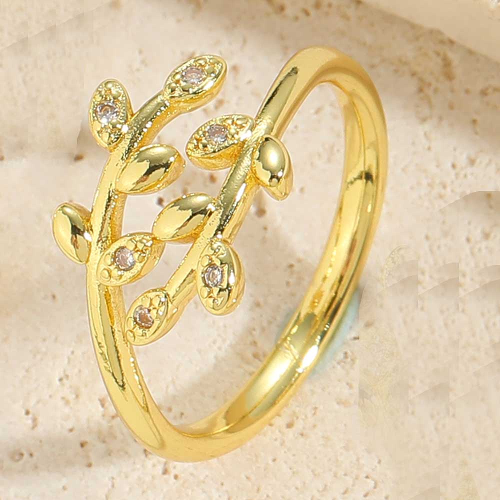 Vintage Style Simple Style Commute Leaves Copper Plating Inlay Zircon 14k Gold Plated Open Rings