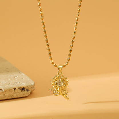 Simple Style Sunflower Stainless Steel Copper Plating Inlay Zircon 18k Gold Plated Pendant Necklace