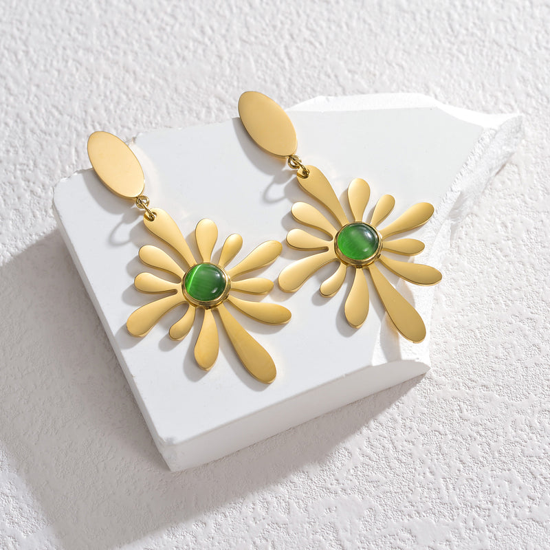 1 Pair Ig Style Flower Plating Inlay Stainless Steel Artificial Gemstones 18k Gold Plated Drop Earrings