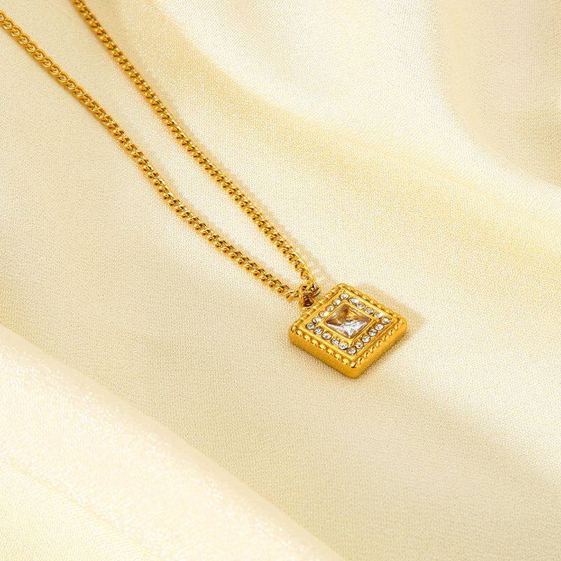 Simple Style Square Stainless Steel Plating Inlay Zircon 18k Gold Plated Pendant Necklace