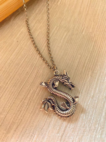 Chinoiserie Retro Punk Dragon Copper Plating White Gold Plated Unisex Pendant Necklace