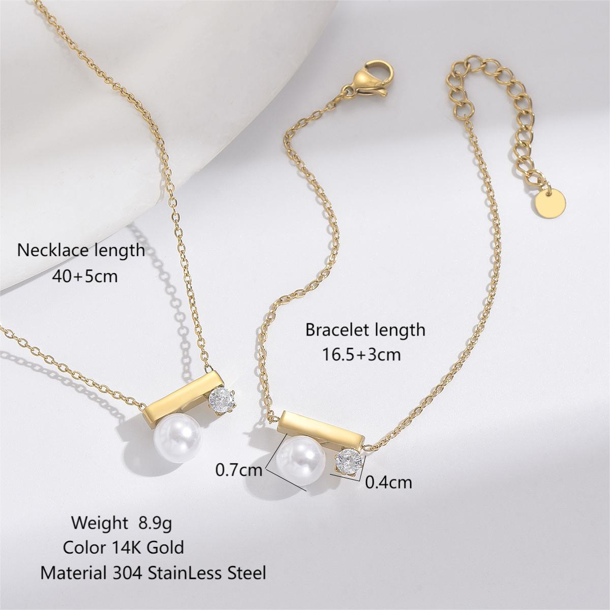 Elegant Round Rectangle Stainless Steel Plating Inlay Imitation Pearl Zircon 14k Gold Plated Bracelets Necklace