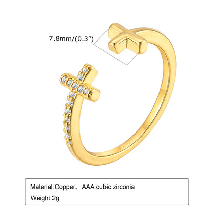 Vintage Style Simple Style Roman Style Cross Copper Plating Inlay Zircon Gold Plated Open Rings