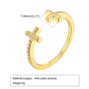 Ig Style Shiny Cross Copper Inlay Zircon 18k Gold Plated Open Rings