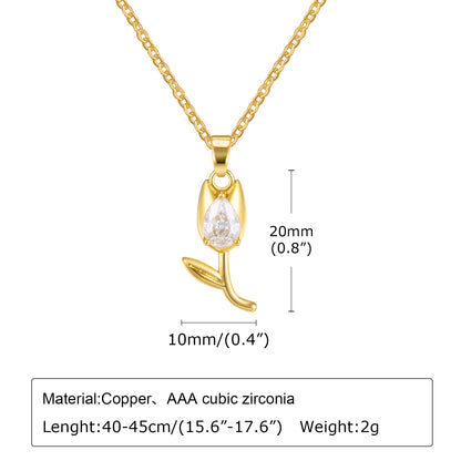 Elegant Simple Style Tulip Copper Plating Inlay Zircon 18k Gold Plated Pendant Necklace