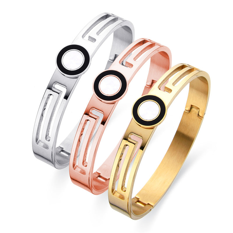 Simple Style Classic Style Round Solid Color Stainless Steel Plating Inlay Shell Gold Plated Bangle