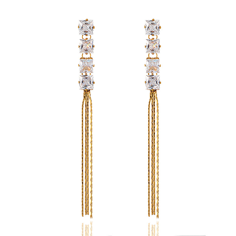 1 Pair Elegant Simple Style Geometric Tassel Plating Inlay Stainless Steel Zircon Gold Plated Drop Earrings