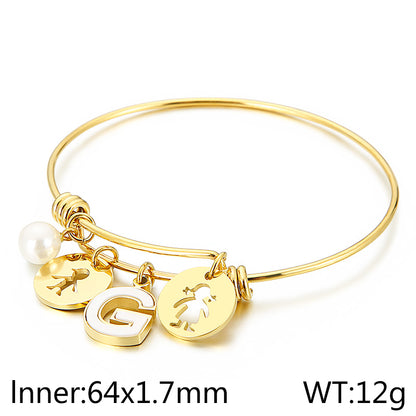 Simple Style Human Letter Titanium Steel Pearl Hollow Out Inlay Shell Bangle