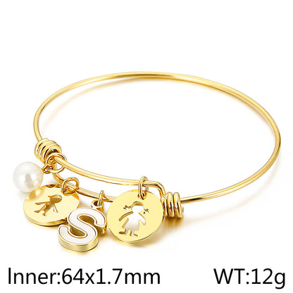 Simple Style Human Letter Titanium Steel Pearl Hollow Out Inlay Shell Bangle