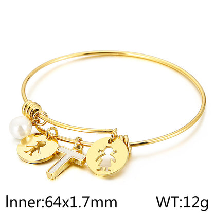 Simple Style Human Letter Titanium Steel Pearl Hollow Out Inlay Shell Bangle